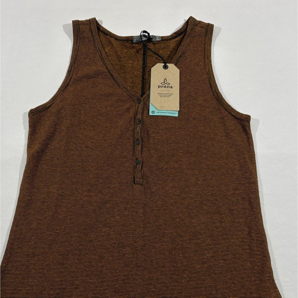 Prana Patty Womens Henley Tank Adobe Brown Stripes Hemp Organic Cotton Sz M NEW - Picture 2 of 12